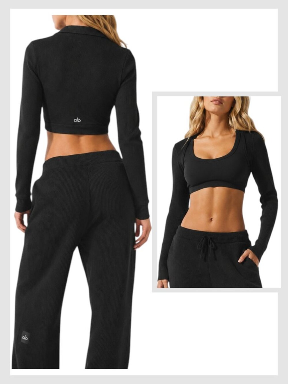 Alo Yoga Long Sleeve Crop Top Black Seamless Ribbed Size S